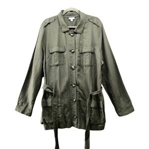 J. Jill Linen Blend Utility Jacket Womens XL Olive Green Tie Waist Military